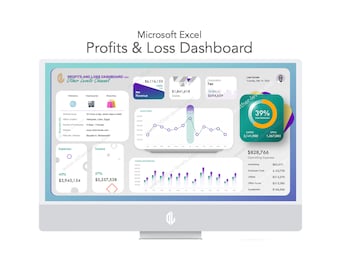 May include: A computer screen displaying a Microsoft Excel dashboard titled "Profits & Loss Dashboard". The dashboard includes various charts and graphs, including a line graph showing net revenue, a bar graph showing expenses and income, and a pie chart showing operating expenses. The dashboard also includes a table showing key financial metrics, such as revenue, expenses, and profit.