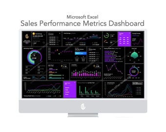 May include: A computer screen displaying a Microsoft Excel dashboard with the title "Sales Performance Metrics Dashboard". The dashboard is filled with various charts and graphs, including line graphs, bar graphs, pie charts, and donut charts. The charts are all in a dark color scheme with bright purple and green accents.