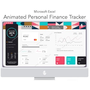 Puede incluir: Una pantalla de ordenador que muestra una hoja de cálculo de Microsoft Excel con un rastreador de finanzas personales animado. La hoja de cálculo muestra un panel de control con un patrimonio neto total de 287.000 $ USD, ingresos y gastos, activos y gastos. La hoja de cálculo está diseñada con una interfaz moderna, colorida y visualmente atractiva.