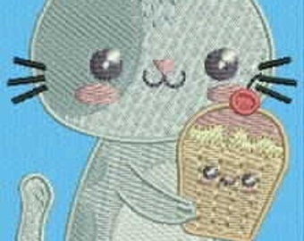 Cat holding cupcake machine embroider file.[.pes]