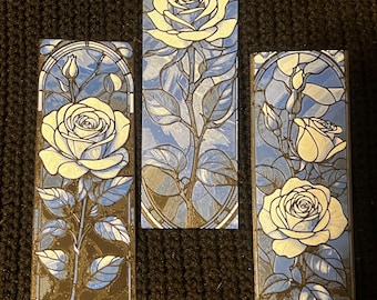 Set if 3 3d printed stained glass roses (blue)bookmarks.