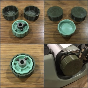 Pode incluir: Um conjunto de teclas de máquina de escrever verdes e verde claro com um centro metálico. As teclas são redondas e têm uma superfície texturizada. As teclas são para uma máquina de escrever vintage.