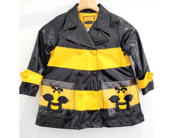 Vintage-1990s cute girls trapeze stretch vinyl bumblebee cotton-lined raincoat + hat ensemble, designed by Karan Feder, Kids size 6 jacket