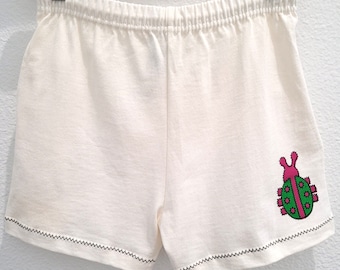 Cute cotton drawstring short pants with pockets and a ladybeetle screen print, zigzag top stitching on legs, toddler size 4T, deadstock