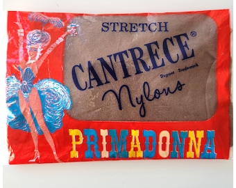 Vintage 1960s Stretch Cantrece pair Nylons stockings, new in package, Primadonna Hotel in Reno, NV, showgirl stockings, seamless hosiery