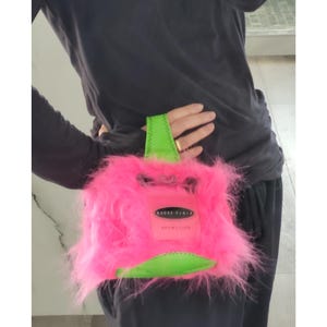Vintage 90s Faux Monkey Fur Handbag: Karan Feder Hollywood Y2K Drawstring Neon Pink Fuzzy