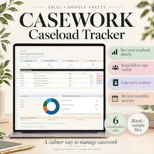 May include: A digital spreadsheet for Excel and Google Sheets titled Casework Caseload Tracker. The screen displays a dashboard with case statistics, a donut chart, and a list of upcoming actions. Features include six coordinated tabs and sample data.