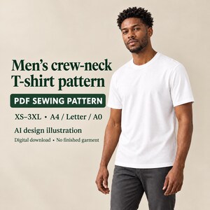 Men's Crew-Neck T-Shirt Sewing Pattern PDF, Short Sleeves, XS-3XL