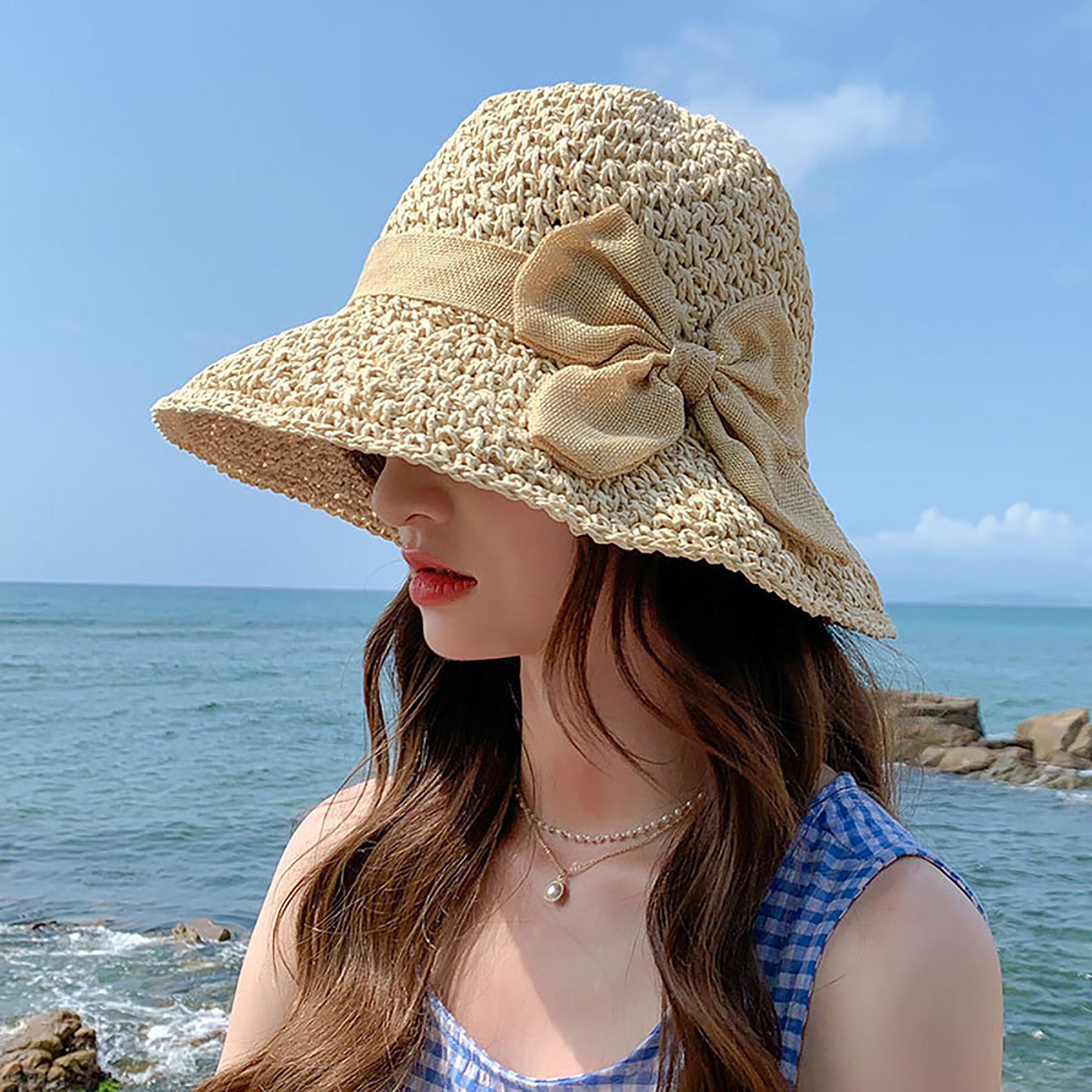Straw Hat Woman Bow Woven Seaside Fisherman Hat Cover Face Etsy
