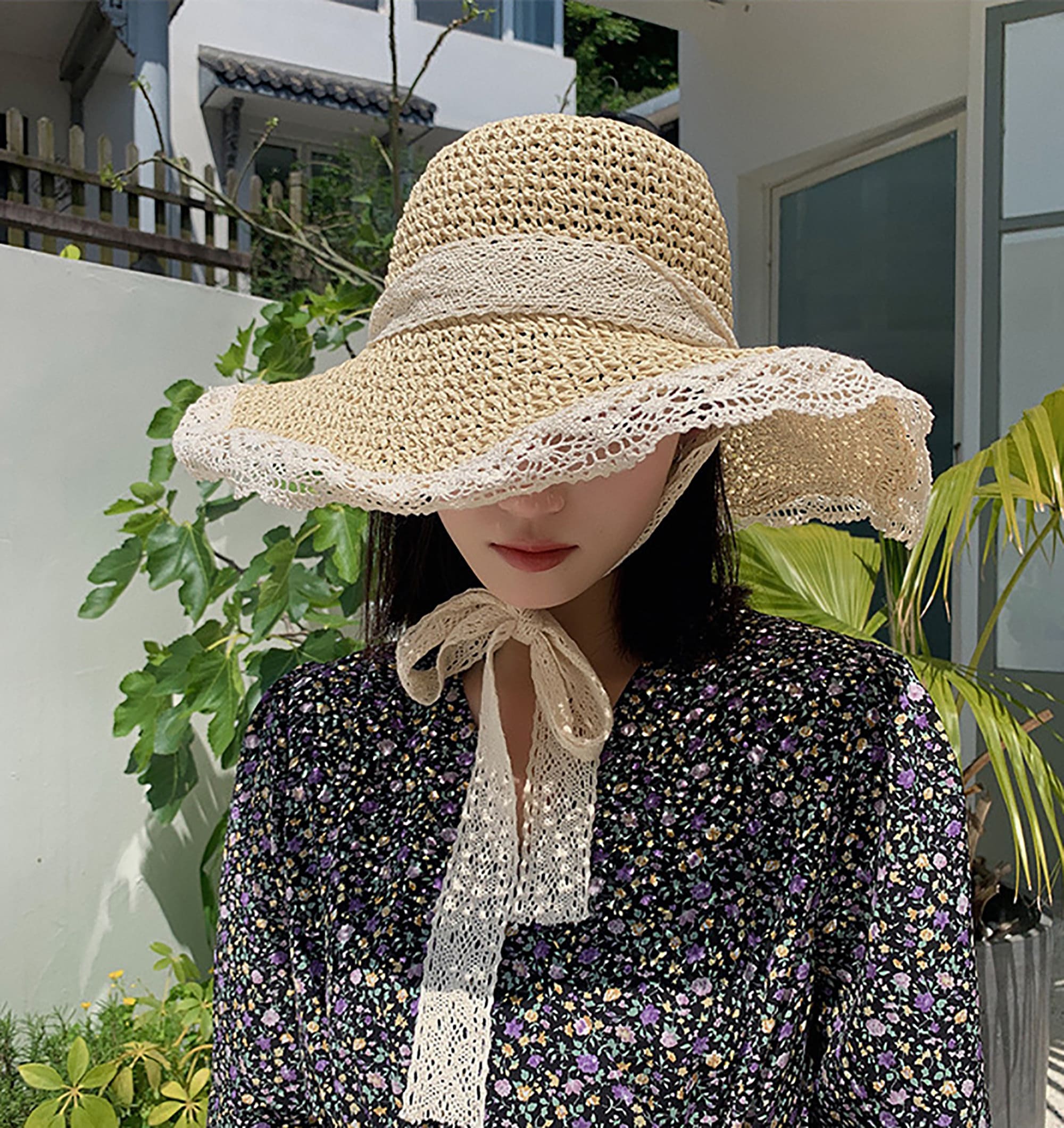 Japanese Summer Outing Sun Straw Hat Lace Hollow Small Etsy
