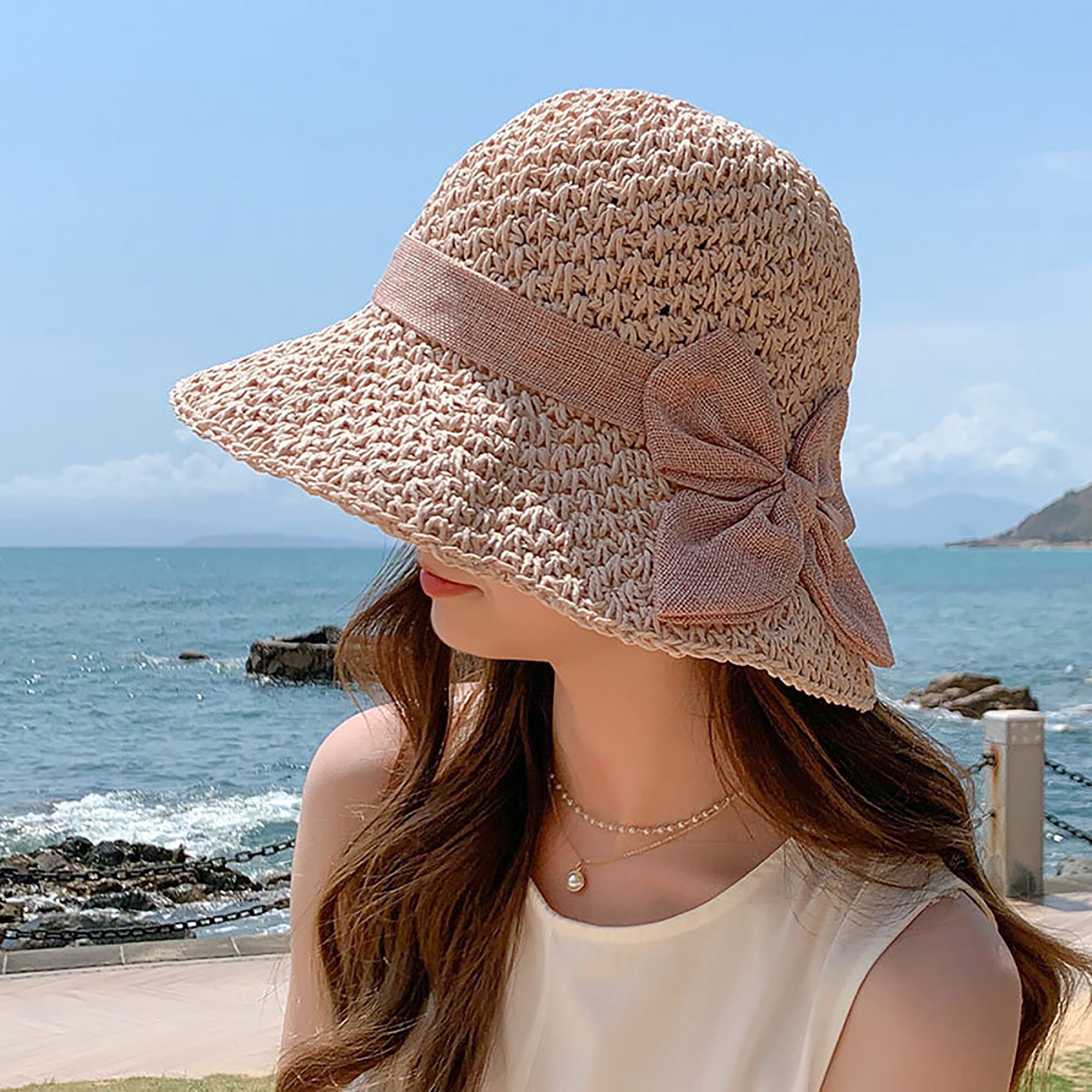 Straw Hat Woman Bow Woven Seaside Fisherman Hat Cover Face Etsy