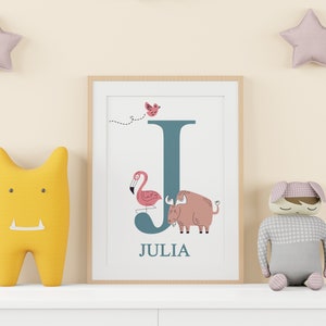 Arte de parede com letras de animais personalizadas, impressão inicial personalizada, impressão de berçário, decoração de berçário, presentes para crianças, arte fofa