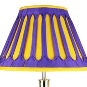 Handmade silk empire lampshade in windsor purple and golden glow. Double gothic pleats
