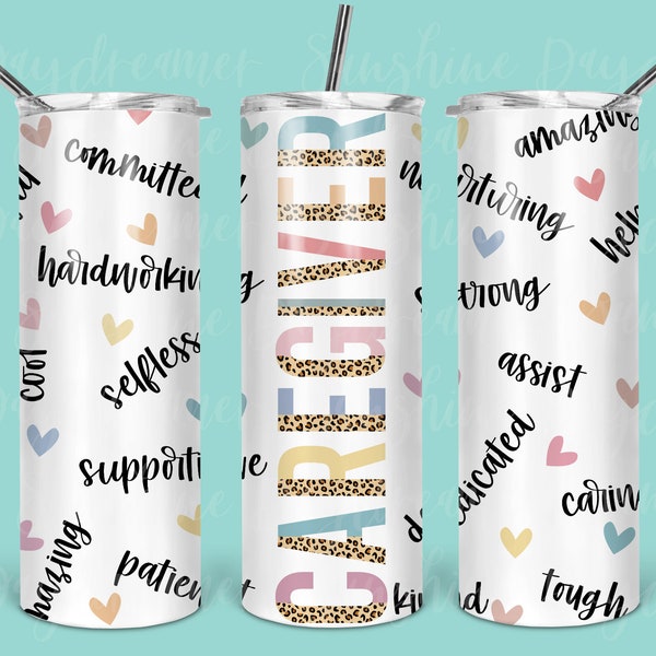 Caregiver leopard 20oz tumbler PNG, Seamless tumbler file, Skinny tumbler PNG design, Leopard design wrap, Digital download