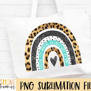 May include: A white tote bag with a sublimation design of a rainbow made of leopard print and glitter. The rainbow has the text "Surgical Tech Working Willingly With Her Hands" in turquoise.