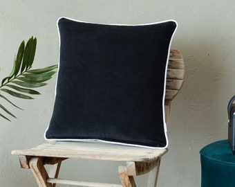 Black Velvet Pillow Cover: White Piping, Cotton Cushion