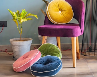Cotton Velvet Round Chair Pad: Soft Seat Cushion with White Piping
