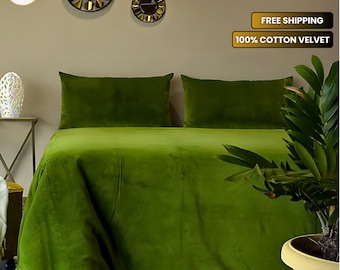 Washed Green Velvet Duvet Cover With Matching Pillow Covers- Green Velvet Comforter, Velvet Bedding, Duvet Cover King/Queen Size