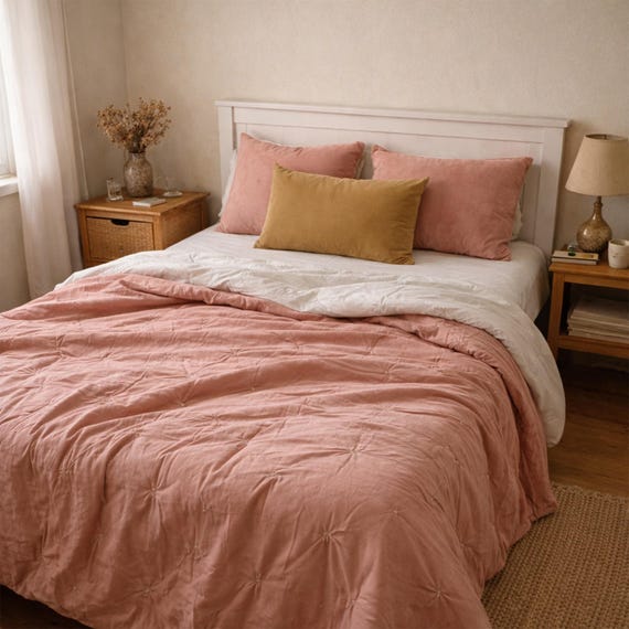 Handmade Cotton Velvet Quilt: Luxurious Tufted King size Throw