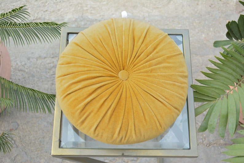Velvet Round Mustard Cushion Express Delivery Velvet Solid Etsy