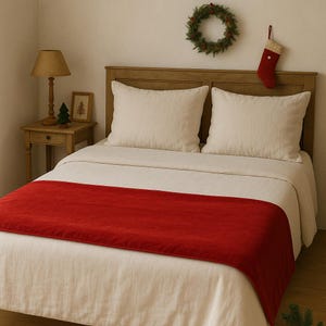 May include: A bed with a wooden headboard, featuring a cream-colored comforter and pillows. A vibrant red bed runner adds a pop of color. A Christmas wreath and stocking decorate the wall, creating a festive holiday theme. A small wooden side table with a lamp and decor is visible.