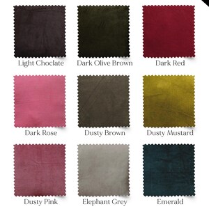 May include: Nine fabric swatches in various colors, including Light Chocolate, Dark Olive Brown, Dark Red, Dark Rose, Dusty Brown, Dusty Mustard, Dusty Pink, Elephant Grey, and Emerald. Each swatch has a textured appearance.