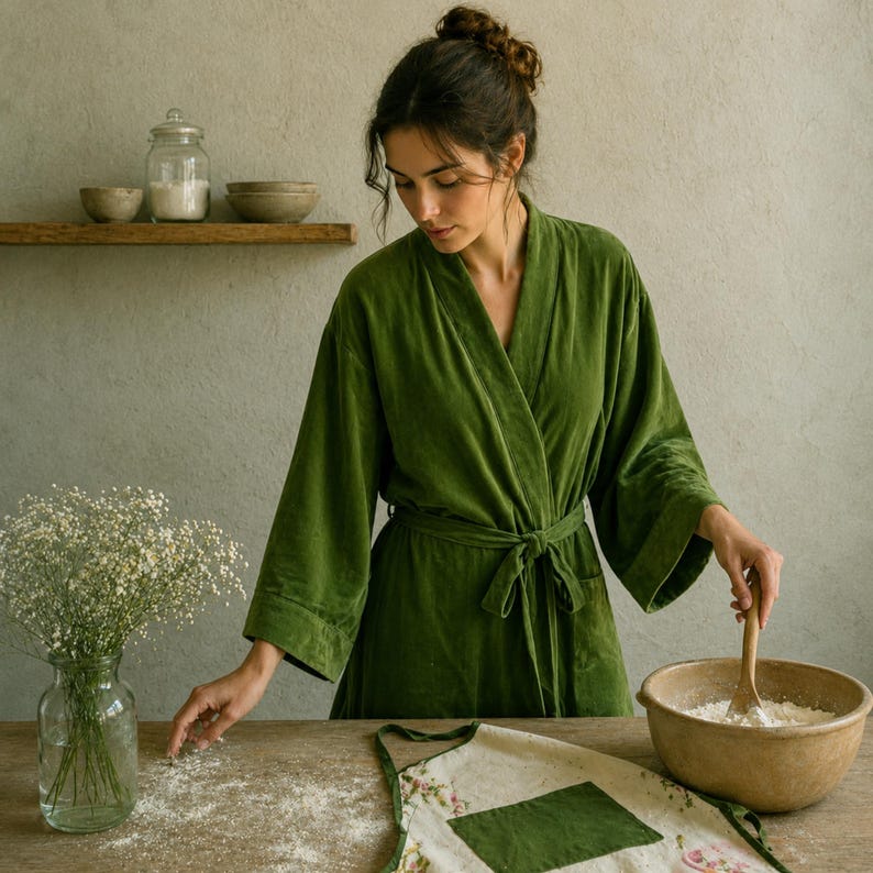 May include: A long-sleeved, olive green velvet robe featuring a wrap-around design with a matching tie belt at the waist. The garment has wide sleeves and a V-neckline, providing a relaxed fit that drapes over the body in a soft, textured fabric.