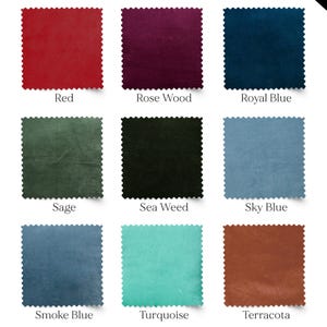 May include: Nine fabric swatches in various colors, including red, rose wood, royal blue, sage, sea weed, sky blue, smoke blue, turquoise, and terracotta. Each square has a textured appearance and is labeled with its color name.