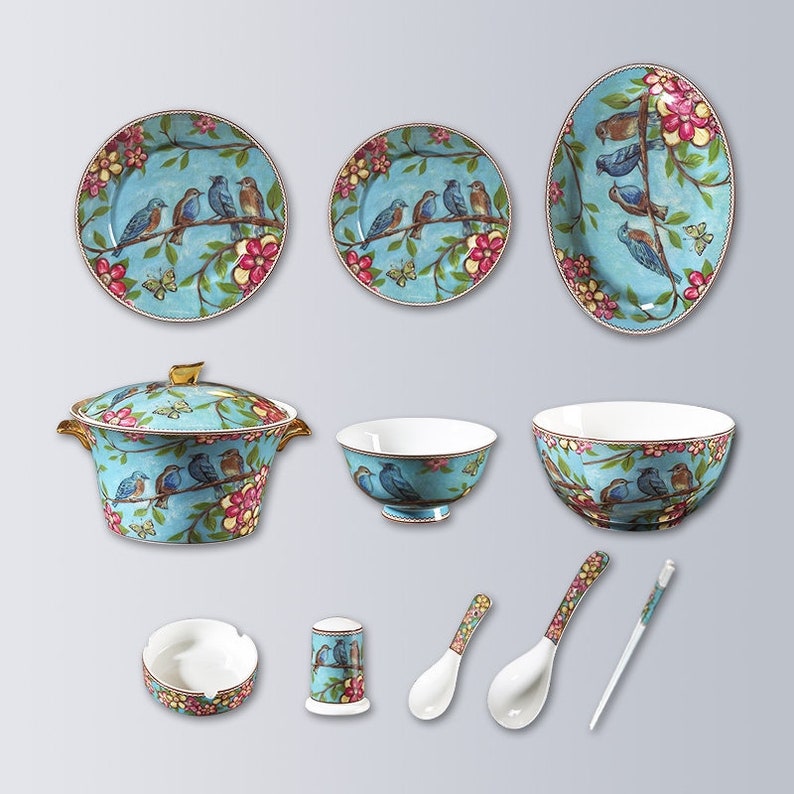 English bone china dinnerware set Cute blue bird platesArt Etsy