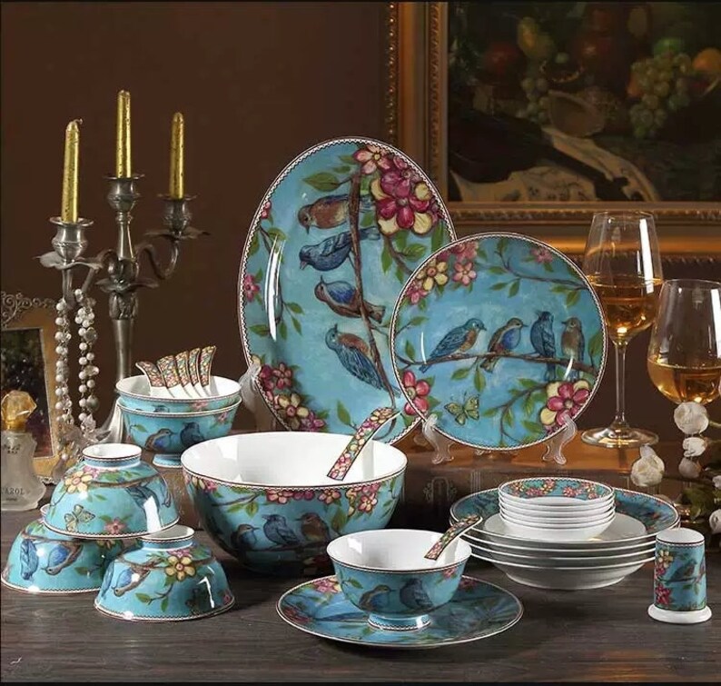 English bone china dinnerware set Cute blue bird platesArt Etsy