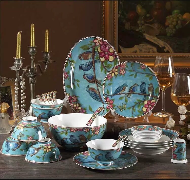English bone china dinnerware set Cute blue bird platesArt Etsy