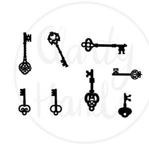 May include: Set of eight black silhouette key shapes with intricate details. The keys are various sizes and styles, with some having ornate handles.