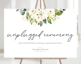 Unplugged Ceremony Sign Template, Unplugged Wedding Sign, Printable, White Rose, Editable