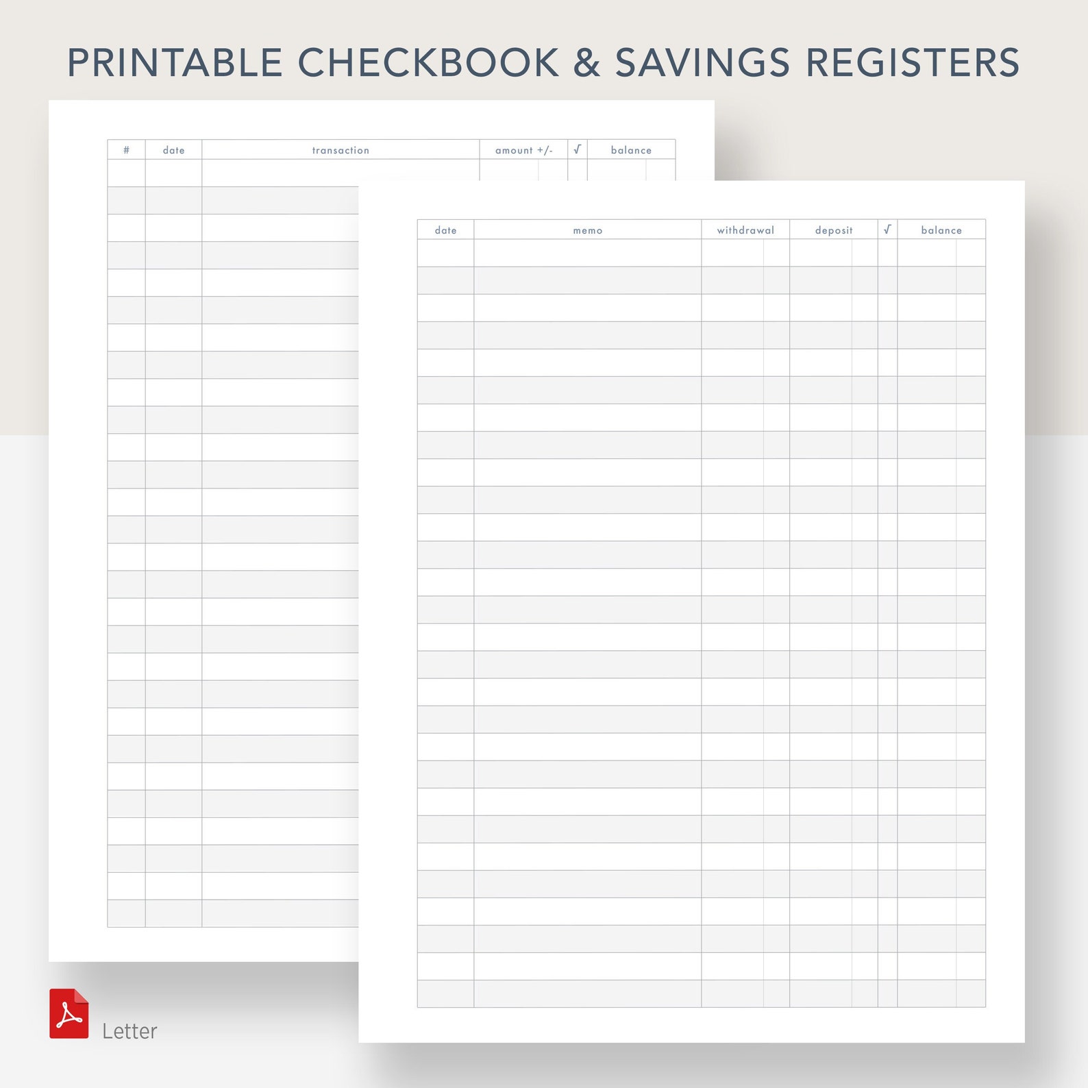 Printable Checkbook &amp; Savings Registers, PDF File, Prints on 8 1/2 X 11 ...