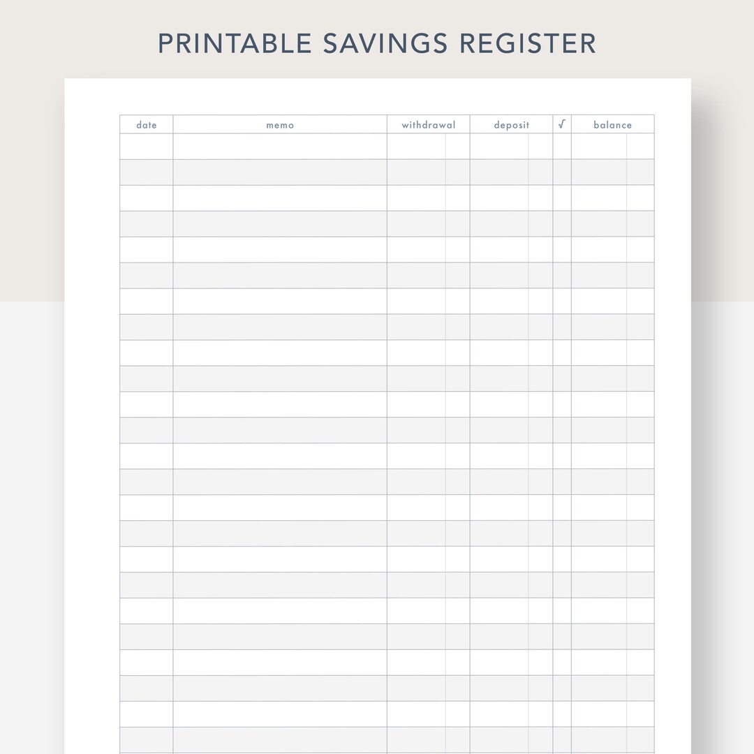 Printable Savings Register, PDF File, Prints on 8 1/2 X 11 Inch Paper