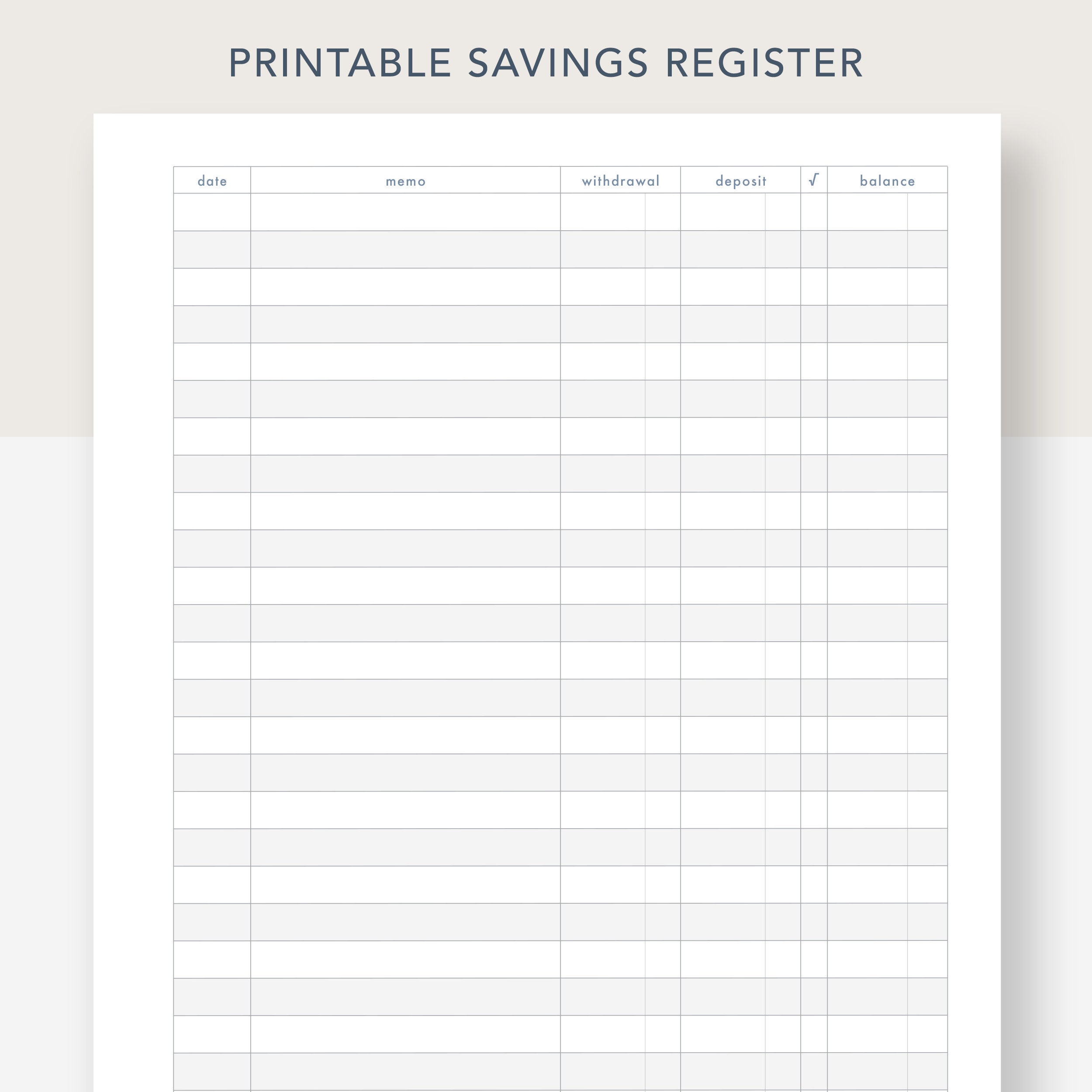 Printable Savings Register, PDF File, Prints on 8 1/2 X 11 Inch Paper ...