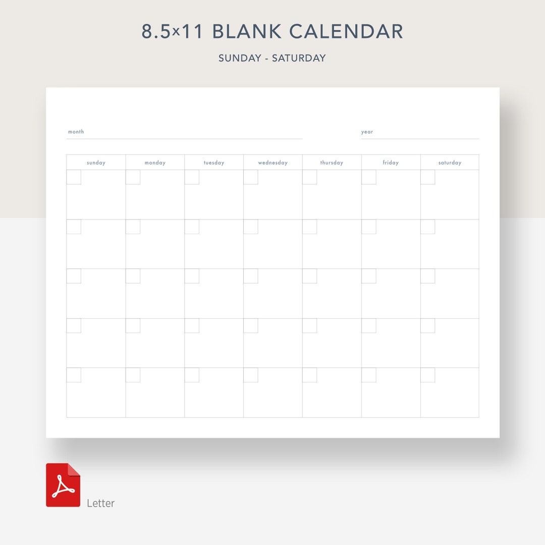 8 5 X 11 Inch Blank Calendar Page Template Sunday To Saturday Etsy Espa a