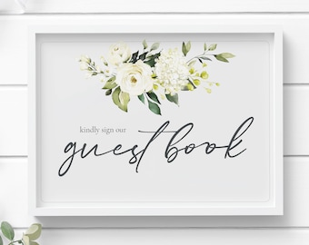 Wedding Guest Book Sign, White Rose, Printable 11&quot; x 8.5&quot;, 7&quot; x 5&quot;, 6&quot; x 4&quot;