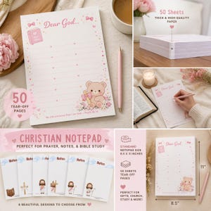 Puede incluir: Un bloc de notas cristiano con un diseño rosa y blanco. El bloc de notas presenta el texto "Dear God..." y una ilustración de un oso de peluche. Tiene 50 páginas desprendibles y mide 21,6 x 27,9 cm.
