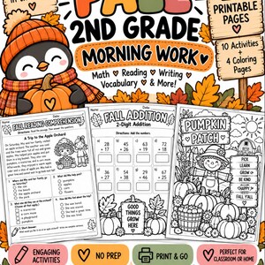 Puede incluir: Un paquete educativo imprimible de 14 páginas para segundo grado con actividades de otoño de matemáticas, lectura, escritura y vocabulario. La portada muestra un pingüino con una calabaza, hojas de otoño y hojas de trabajo tituladas Fall Reading Comprehension, Fall Addition y Pumpkin Patch.