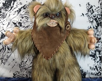 Pasha - Handmade Posable OOAK Ewok inspired Art Doll with real leather cowl Starwars