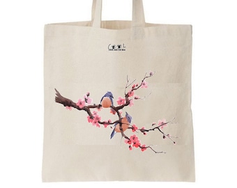 Tote bag Japon, fleurs de sakura, cerisiers japonais, cerisiers en fleurs, tote bag oiseau