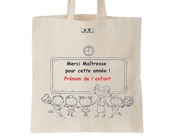 Tote bag maitresse, cadeau maitresse fin d'année scolaire, sac cabas maitresse personnalisé