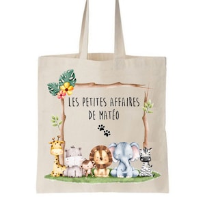 Tote bag enfant personnalisé, sac école maternelle, sac crèche, sac prénom, sac à doudou, sac change maternelle, tote bag enfant savane