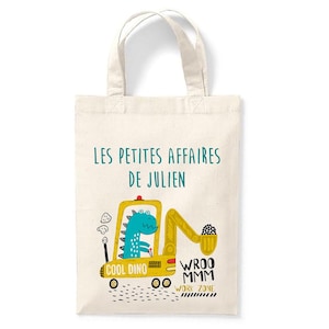 Petit tote bag enfant personnalisé 18x24cm, tote bag école maternelle, sac pour la crèche, sac à doudou, tote bag dinosaure