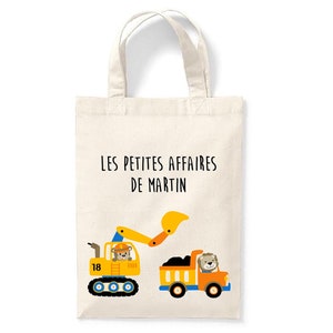 Small personalized child tote bag 18x24cm, first name child bag, nursery school tote bag, nursery bag, cuddly toy bag, construction site child tote bag