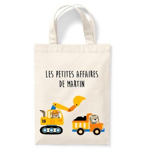 Petit tote bag enfant personnalisé 18x24cm, tote bag école maternelle, sac pour la crèche, sac à doudou, tote bag pelleteuse