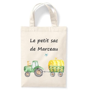 Petit tote bag enfant personnalisé 18x24cm, tote bag école maternelle, sac pour la crèche, sac à doudou, tote bag tracteur