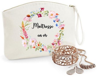 Cadeau maitresse, pochette maitresse, cadeau maîtresse fin d'année scolaire, cadeau école, trousse personnalisée maitresse