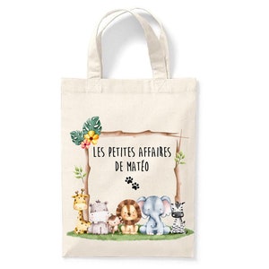 Petit tote bag enfant personnalisé 18x24cm, tote bag école maternelle, sac pour la crèche, sac à doudou, tote bag animaux de la savane
